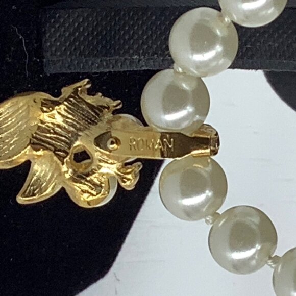 Vtg ROMAN Faux Pearl Necklace Enhancer Clear Rhinestone Pendant Signed 18" - Picture 6 of 6